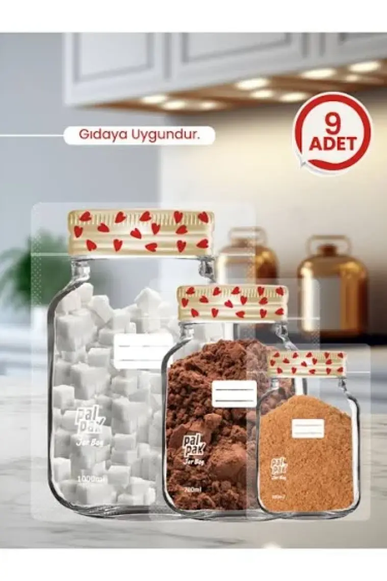 Palpak Kalp Desenli Metal Kapaklı Kavanoz Görünümlü Saklama Poşeti
