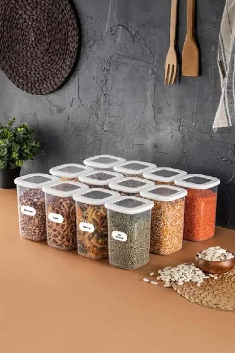 Etiketli Foly Kare Erzak Saklama Kabı Seti 12li 1,2 Orta Boy Beyaz