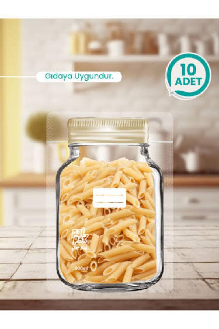 Palpak Büyük Boy Altınyaldız Metal Kapaklı Kavanoz Görünümlü Saklama Poşeti 10 Adet 1000 ml