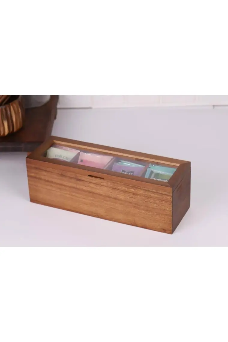 Atbyhome Atby Akasya Ahşap Kapaklı 4 Bölmeli Çay Kutusu 26,5X9X9 cm Şeffaf Kapaklı Çay ve Kahve Düzenleyici Kutu