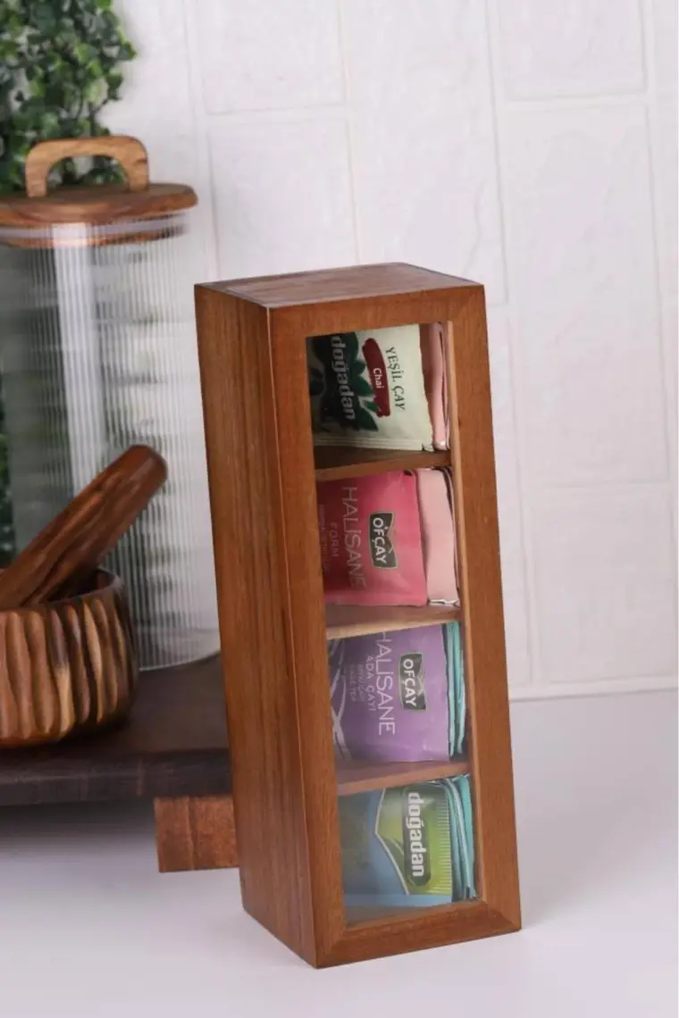Atbyhome Atby Akasya Ahşap Kapaklı 4 Bölmeli Çay Kutusu 26,5X9X9 cm Şeffaf Kapaklı Çay ve Kahve Düzenleyici Kutu