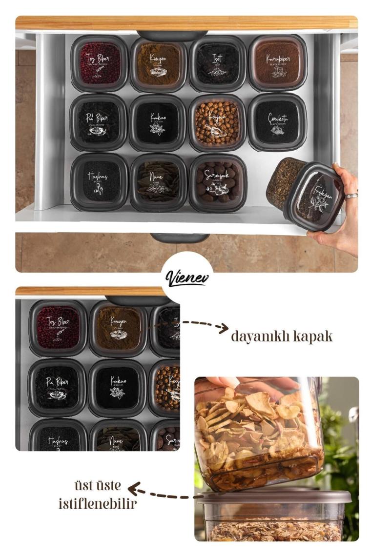 24lü Beyaz Serigrafi Etiketli Kaşıklı Peggy Kare Erzak Baharat Full Set 6x(1,75 1,2, 0,55, 0,45) Ant