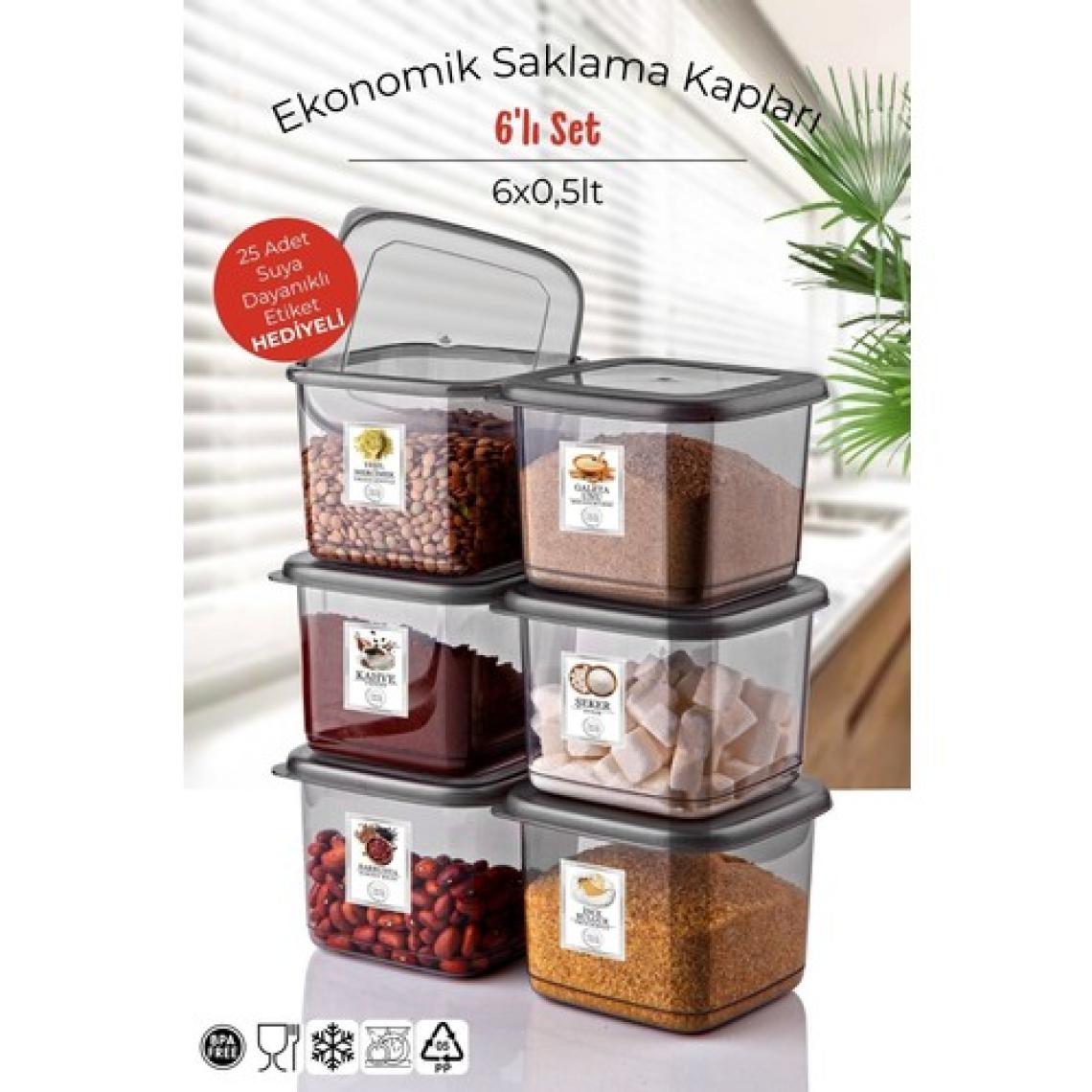 Etiketli 6'lı Antrasit Ekonomik Kırılmaz Saklama Kabı Seti 6x0,5 Lt.