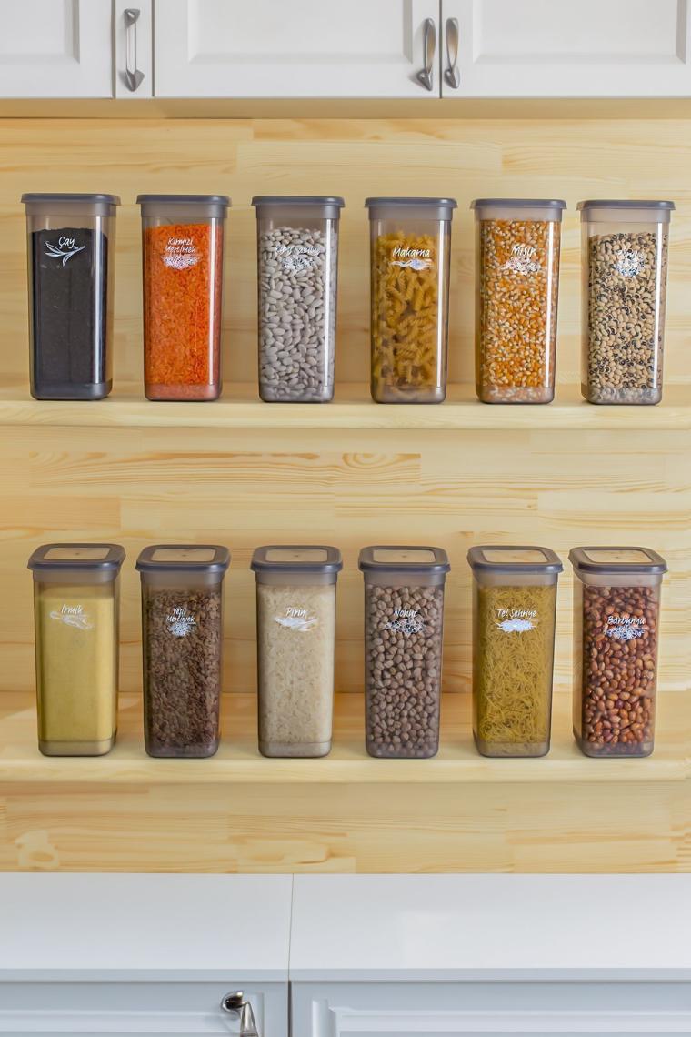 432-gr 12 Li Etiketli Kare Un Erzak Bakliyat Saklama Kabı Takımı Seti 1.90 Lt - Gri