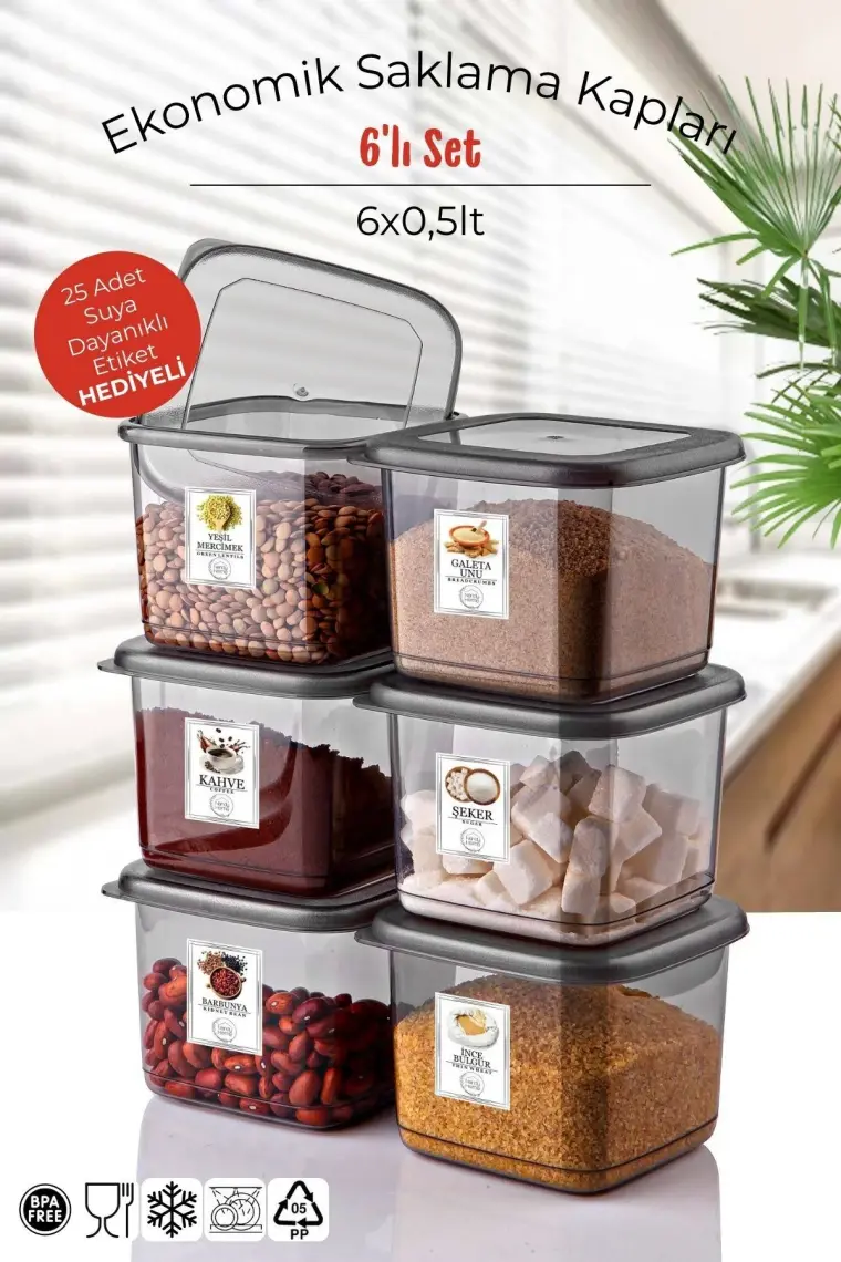 Etiketli 6'lı Antrasit Ekonomik Kırılmaz Saklama Kabı Seti 6x0,5 Lt.