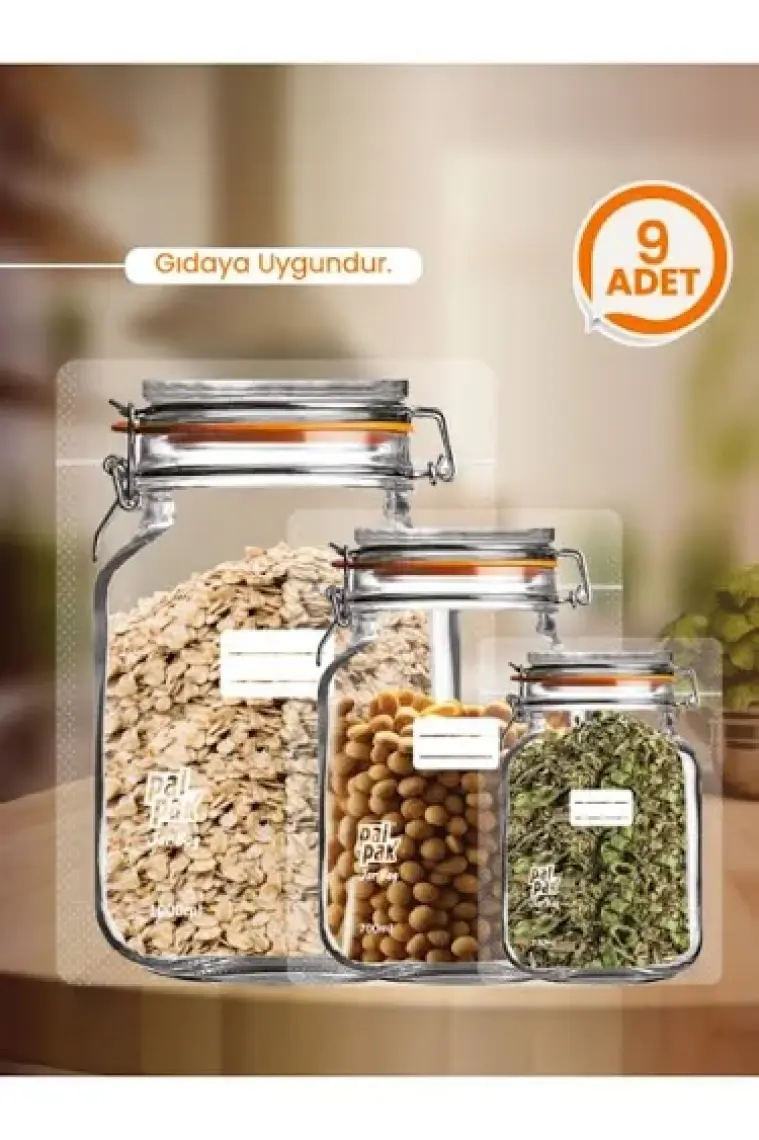 Palpak Klips Kapaklı Kavanoz Görünümlü Saklama Poşeti -9 Adet (3 Büyük 1000ML;3 Orta 700ML;3 Küçük 200 Ml)