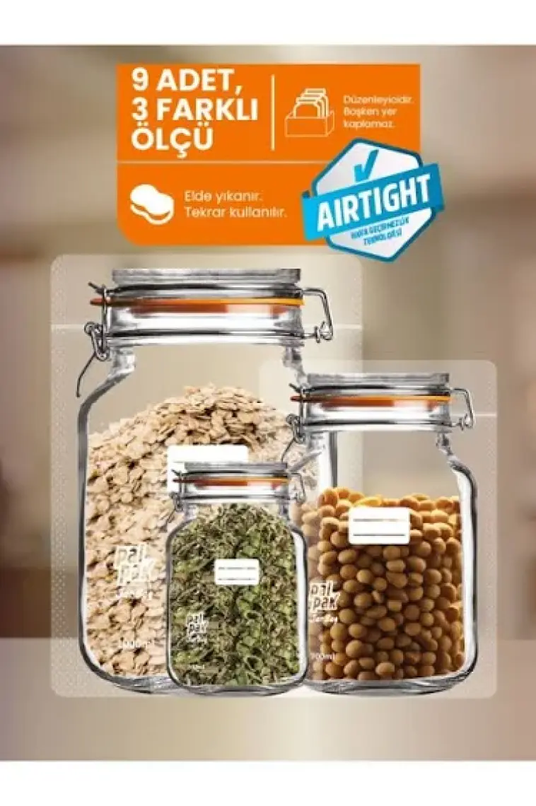 Palpak Klips Kapaklı Kavanoz Görünümlü Saklama Poşeti -9 Adet (3 Büyük 1000ML;3 Orta 700ML;3 Küçük 200 Ml)