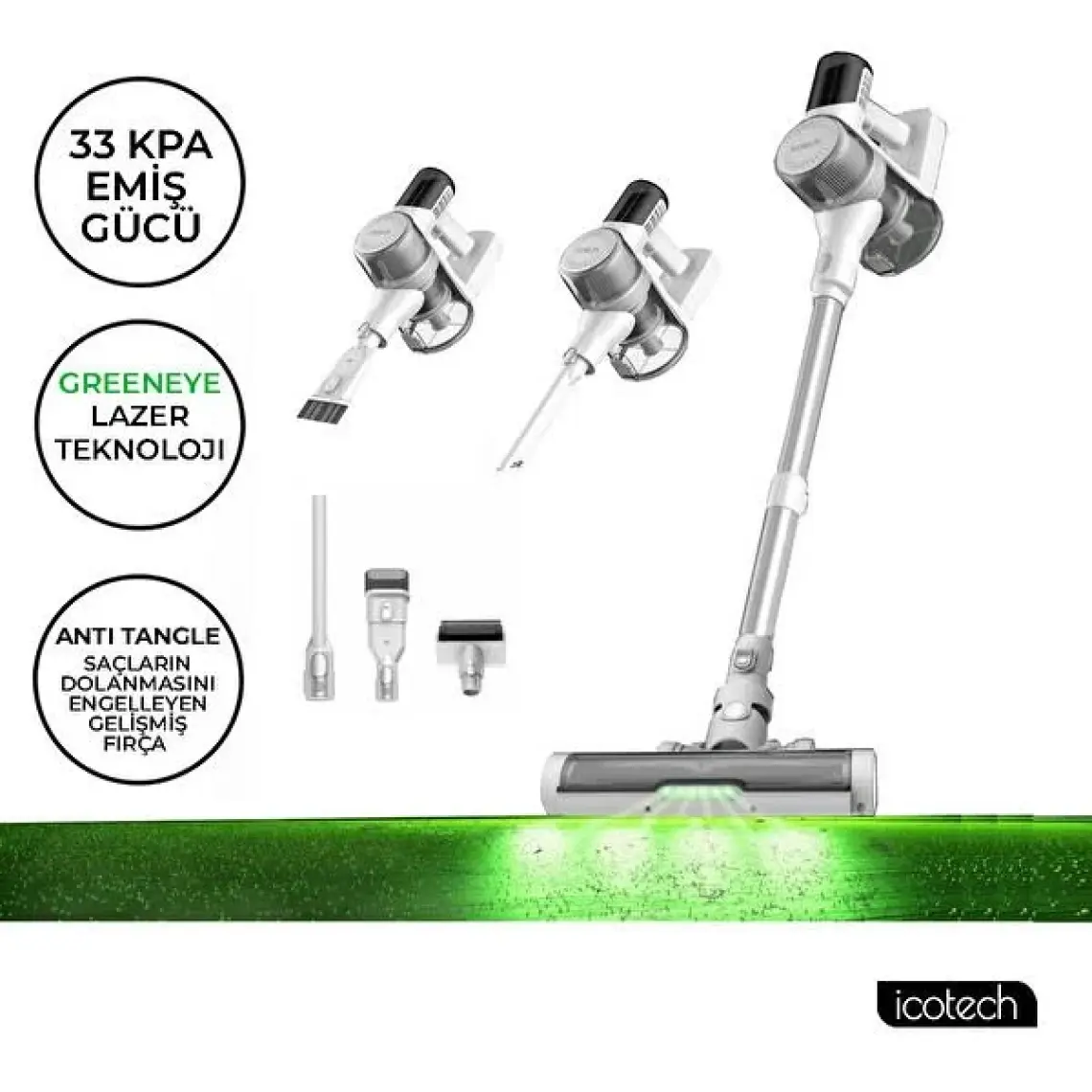 Icotech F30 Max 33KPA Greeneye Lazer Teknoloji Şarjlı Dikey Süpürge