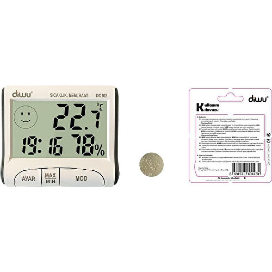 Diwu DC102 İç Mekan Termometre Nem Ölçer Saat
