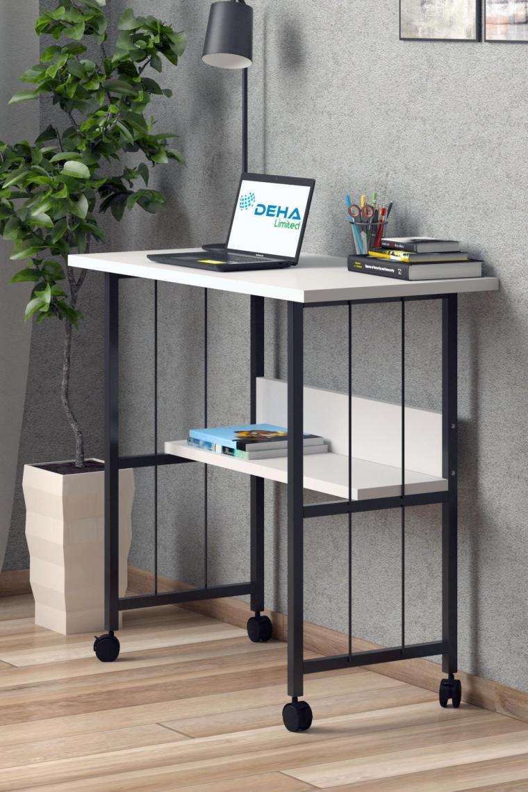 Raflı Frenli Tekerlekli Ofis Ders Laptop Çalışma Masası Metal Ayaklı Mutfak Tekerli Masa