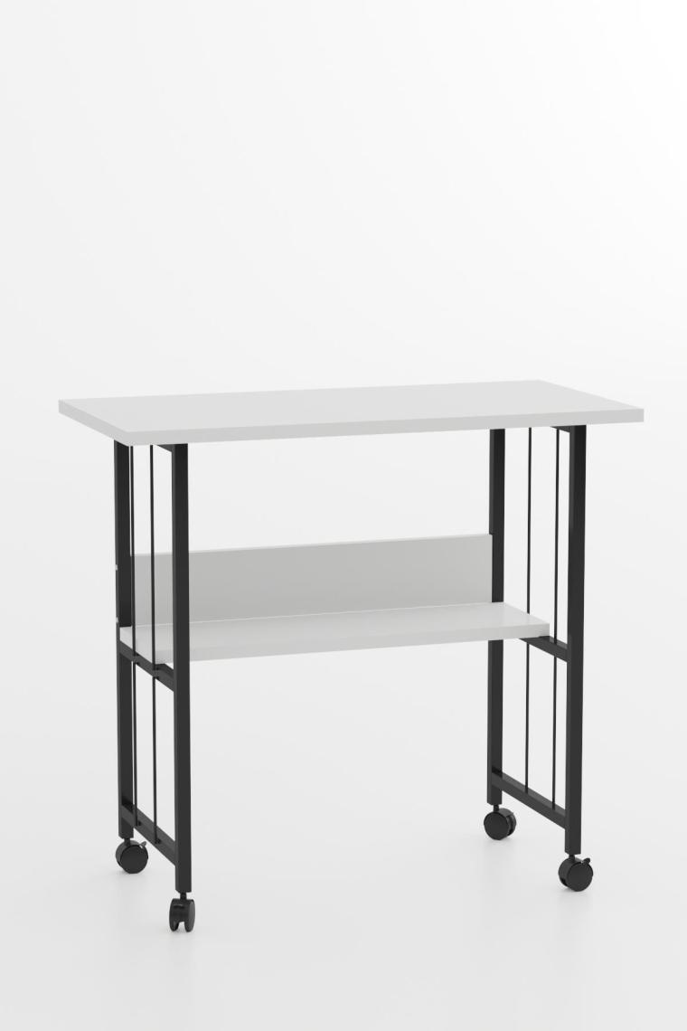 Raflı Frenli Tekerlekli Ofis Ders Laptop Çalışma Masası Metal Ayaklı Mutfak Tekerli Masa