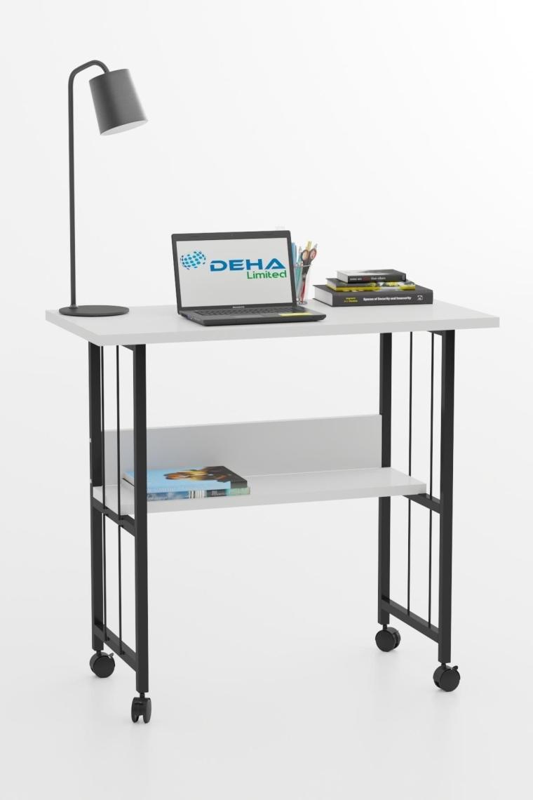 Raflı Frenli Tekerlekli Ofis Ders Laptop Çalışma Masası Metal Ayaklı Mutfak Tekerli Masa