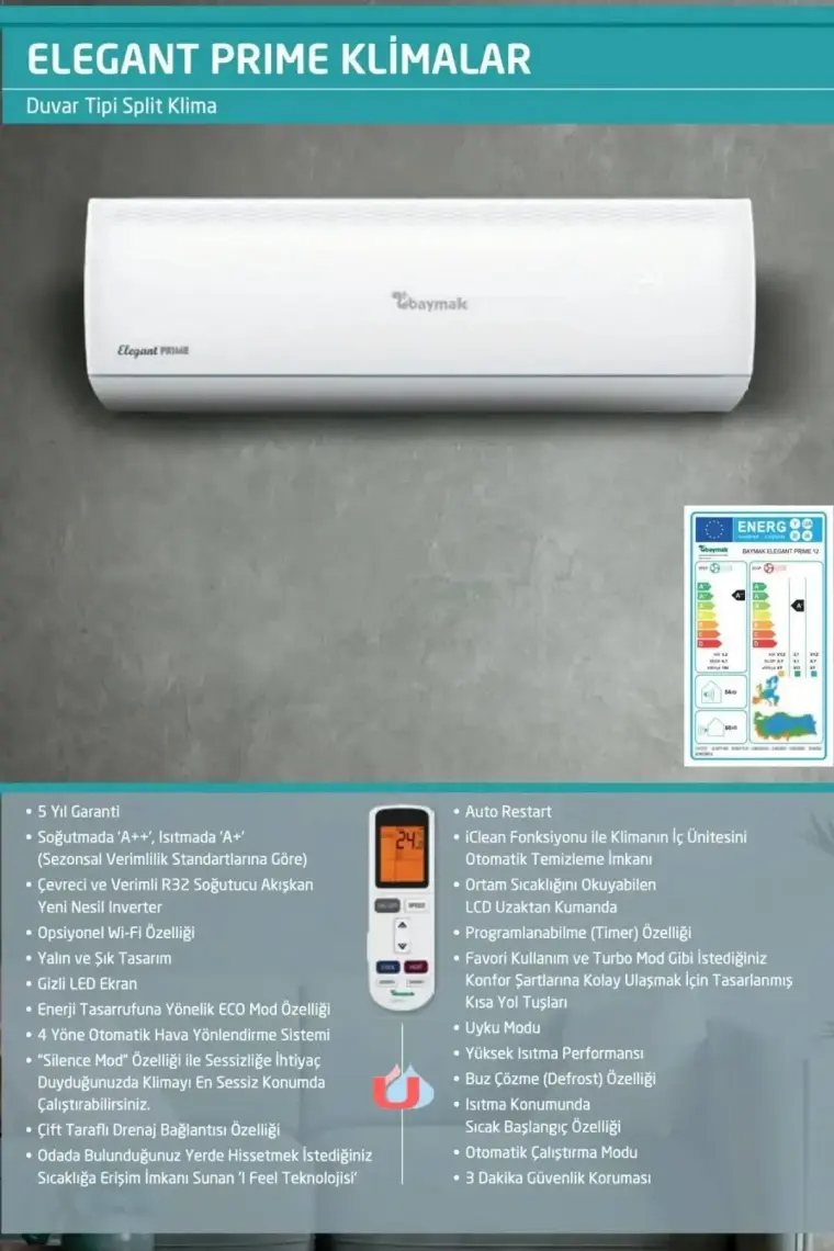 Baymak Elegant Plus 18 A++ (Montaj Dahil) 18000 BTU Duvar Tipi Klima