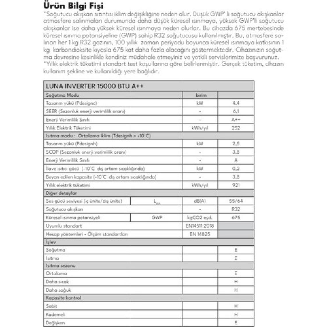 Regal Luna A++ 15000 BTU Inverte Duvar Tipi Klima