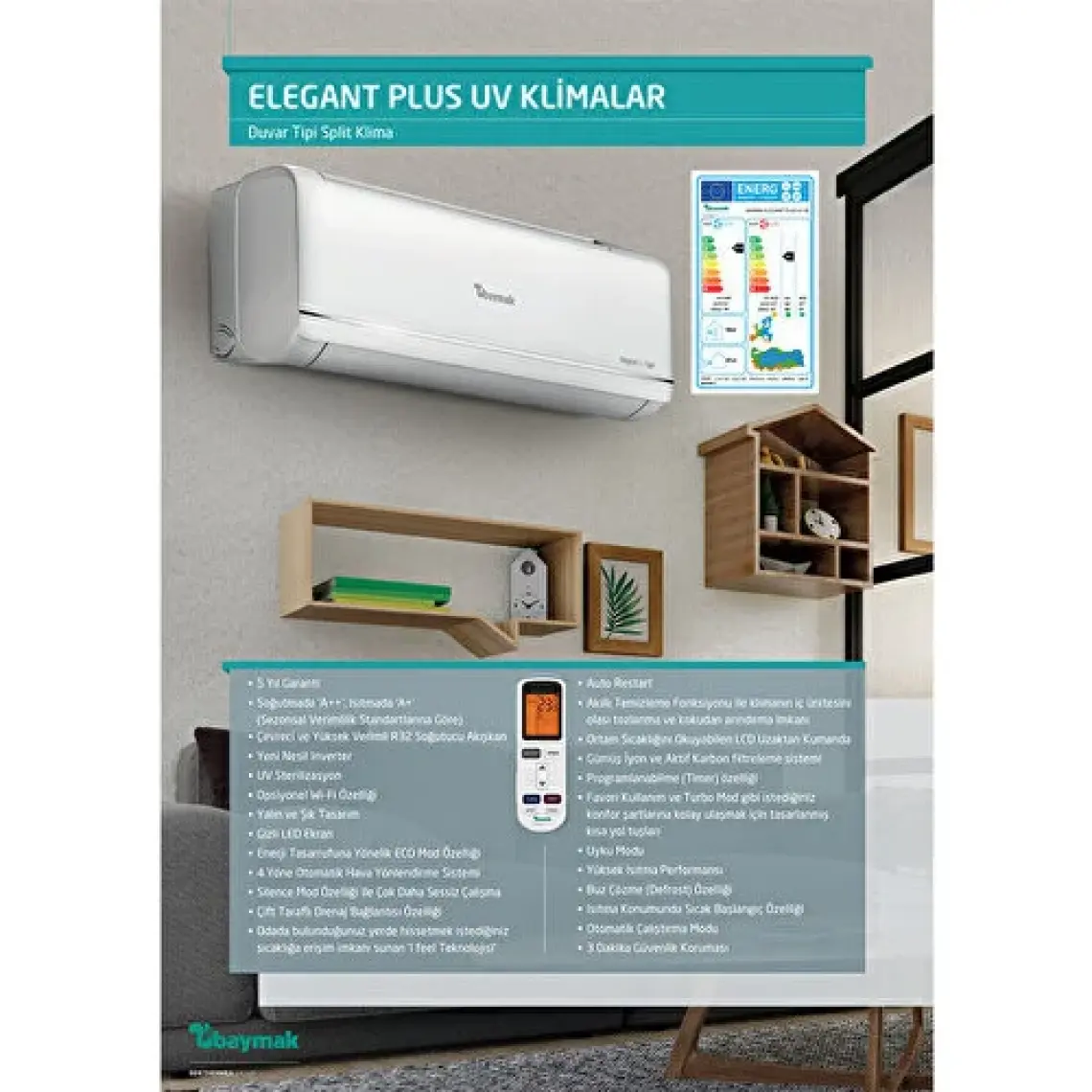 Baymak Elegant Plus UV 12 A++ 12000 BTU Inverter Duvar Tipi Klima