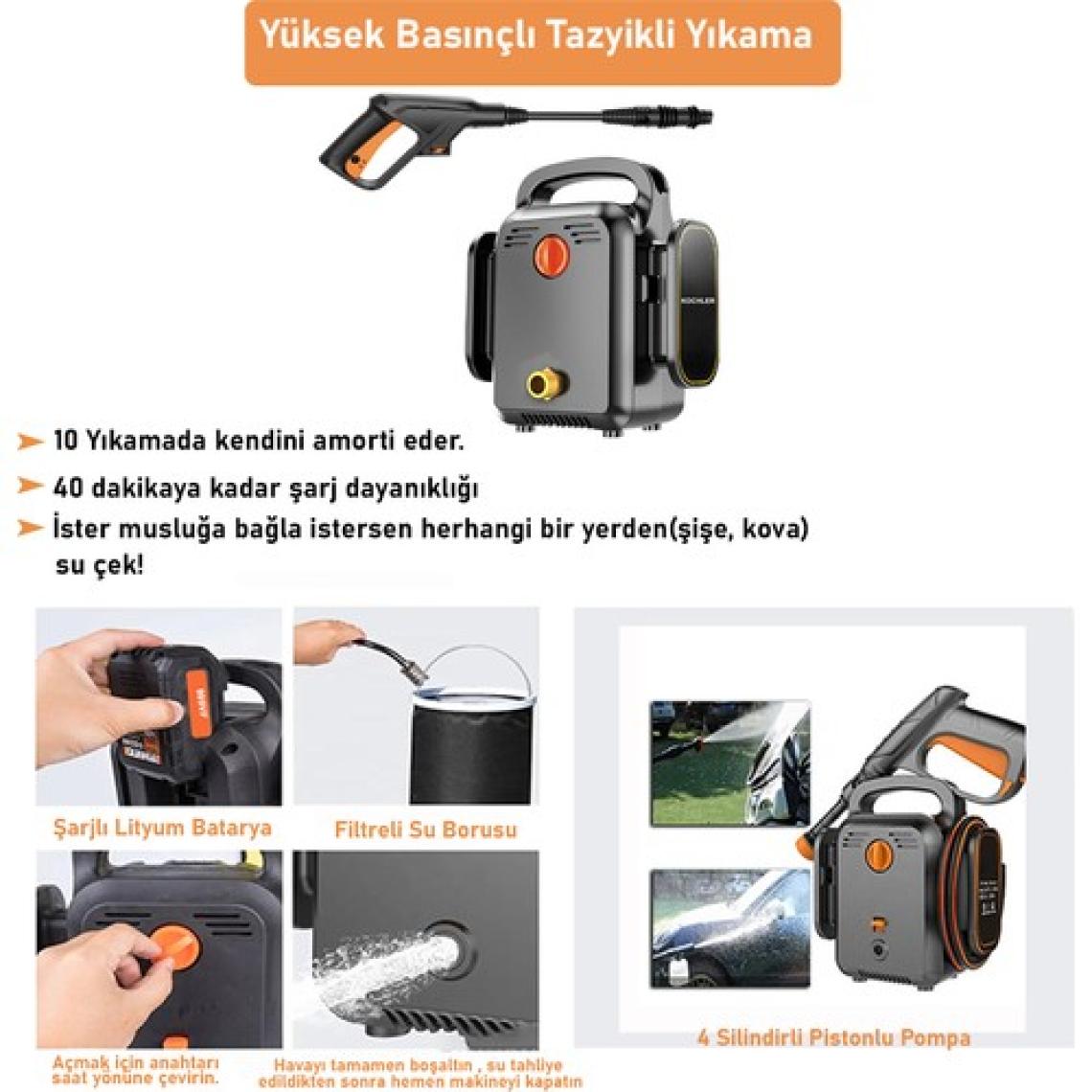 Kochler Şarjlı Yüksek Basınçlı Araç Yıkama Makinesi - Taşınabilir - Kablosuz - Oto Yıkama