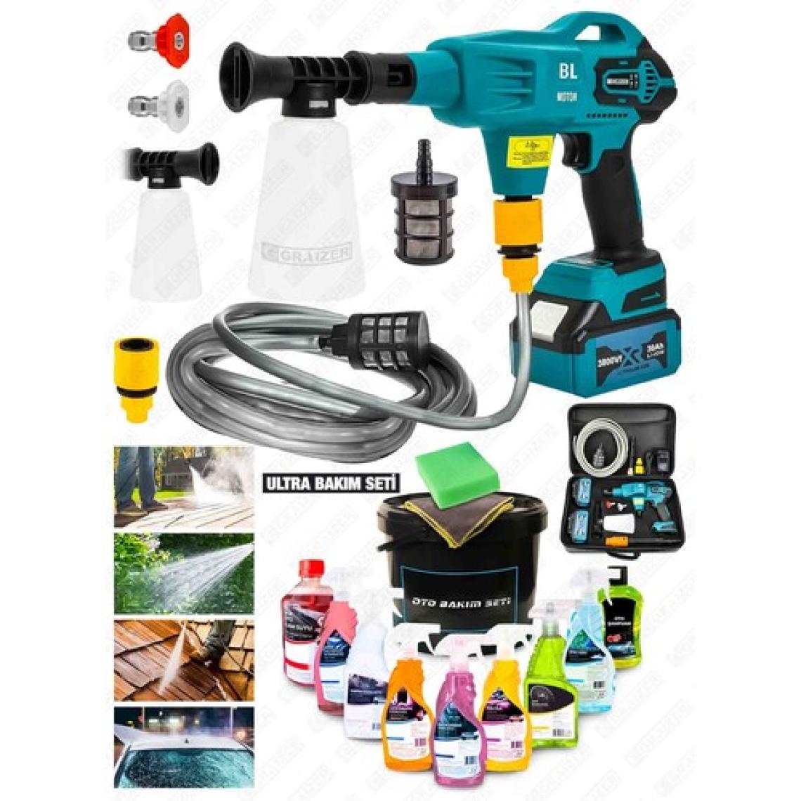 Alman 3800 Vf 100 Bar Kömürsüz Şarjlı Oto Yıkama Makinesi Çift Akü Bahçe Yıkama + 12 Pcs Bakım Seti