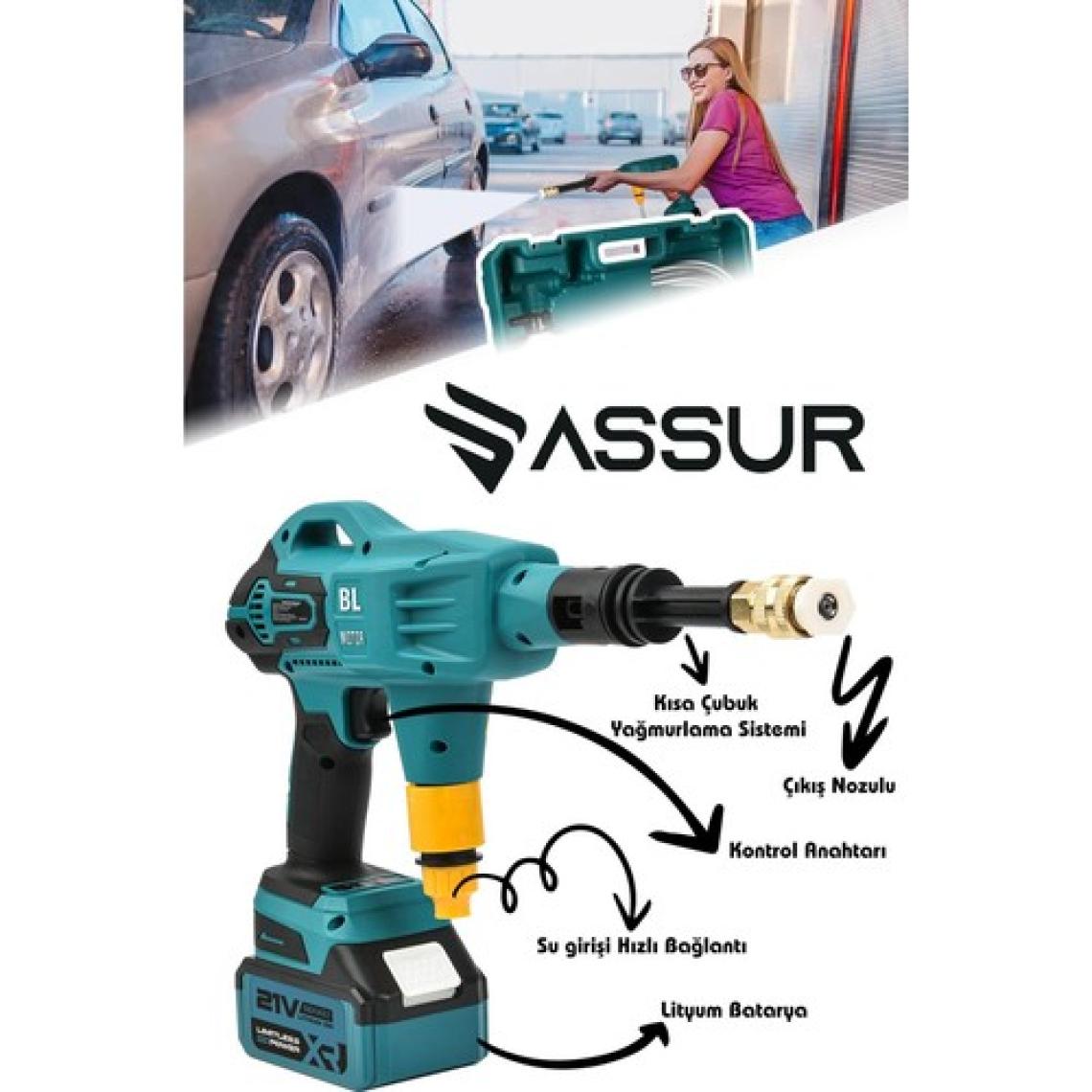 Assur 21V Yüksek Basınçlı Kömürsüz Motor Akülü Oto Araba Yıkama Makinesi Şarjlı