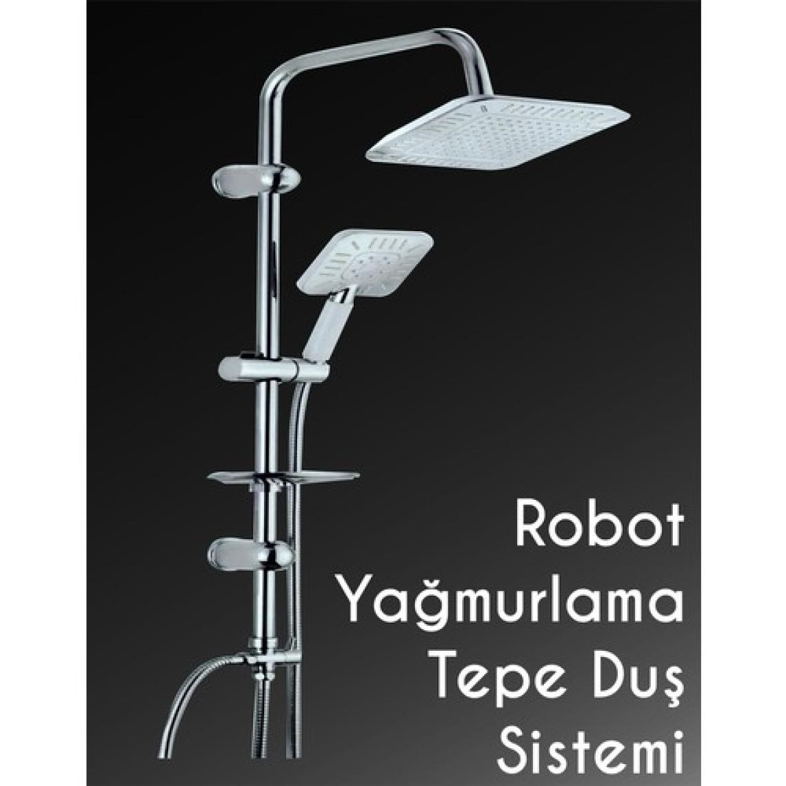 Beyazsu Yağmurlama Robot Tepe Duş Sistemi Kare Başlık Beyaz-Prinç Yönlendirici-Örgülü Duş Hortumu-Sabunluk
