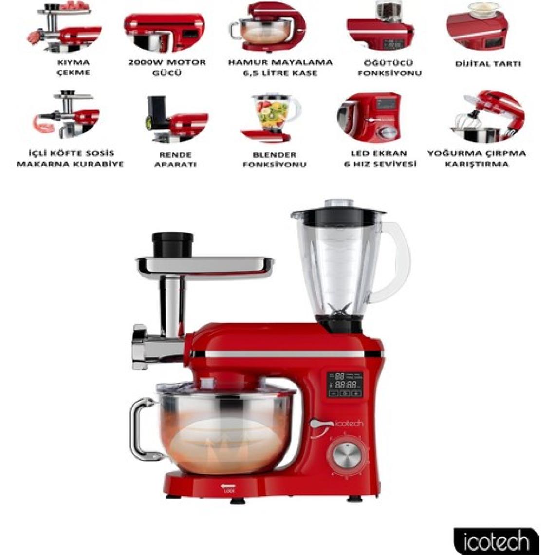 Icotech SM50 Kırmızı LED Ekranlı Hamur Mayalama Kıyma Çekme Blender 2000W 6,5 Litre Stand Mikser Mutfak Şefi Hamur Yoğurma Makinesi