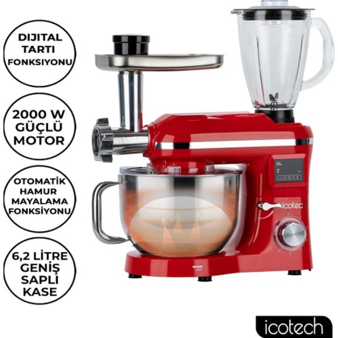 Icotech SM50 Kırmızı LED Ekranlı Hamur Mayalama Kıyma Çekme Blender 2000W 6,5 Litre Stand Mikser Mutfak Şefi Hamur Yoğurma Makinesi