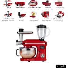Icotech SM50 Kırmızı LED Ekranlı Hamur Mayalama Kıyma Çekme Blender 2000W 6,5 Litre Stand Mikser Mutfak Şefi Hamur Yoğurma Makinesi