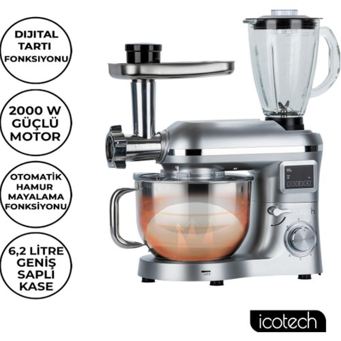 Icotech SM50 Gümüş LED Ekranlı Hamur Mayalama Kıyma Çekme Blender 2000W 6,5 Litre Stand Mikser Mutfak Şefi Hamur Yoğurma Makinesi