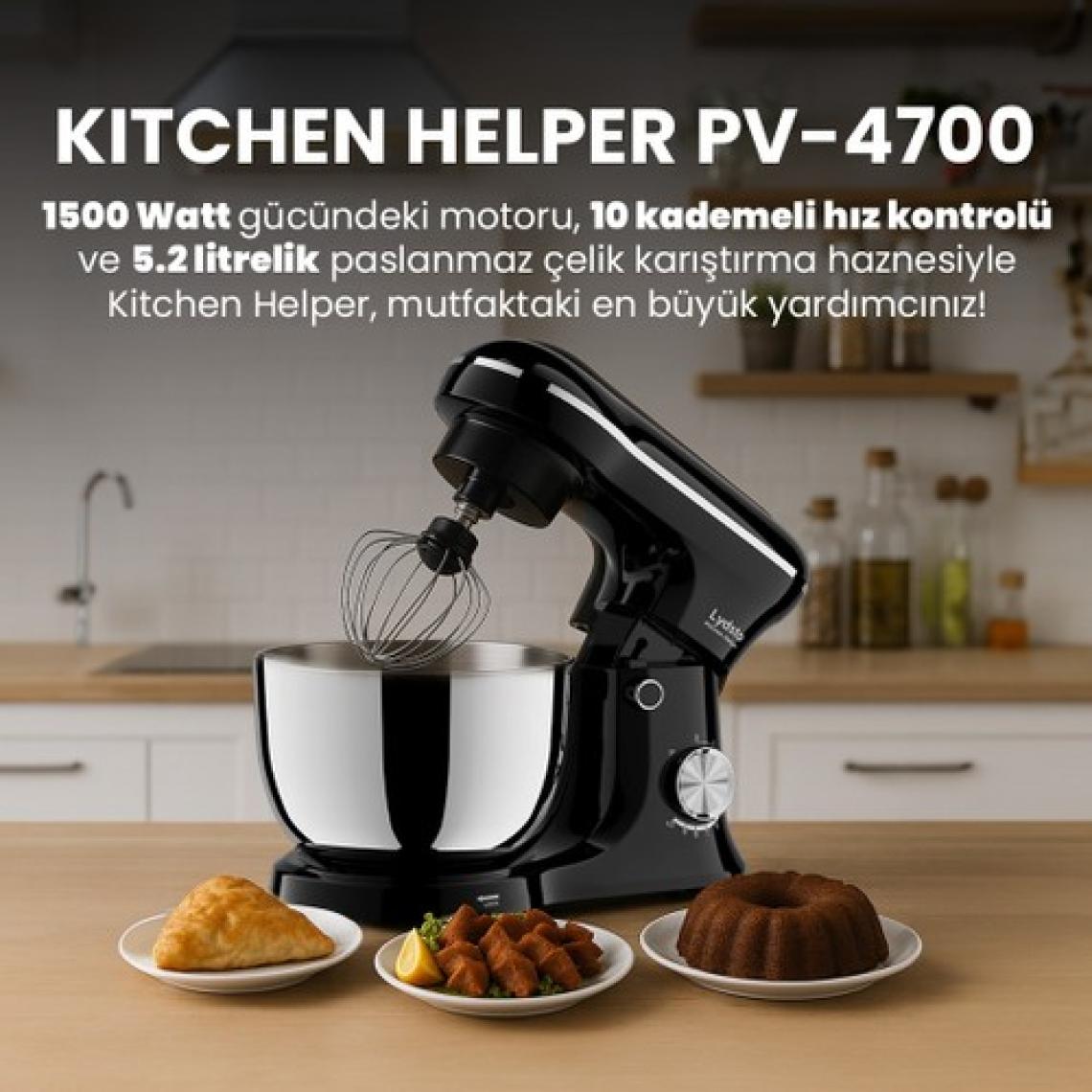 Lydsto Kitchen Helper PV-4700 1500W-5.2 Litre -10 Kademe Hız Ayarı Stand Mikser Hamur Yoğurma Makinesi Siyah