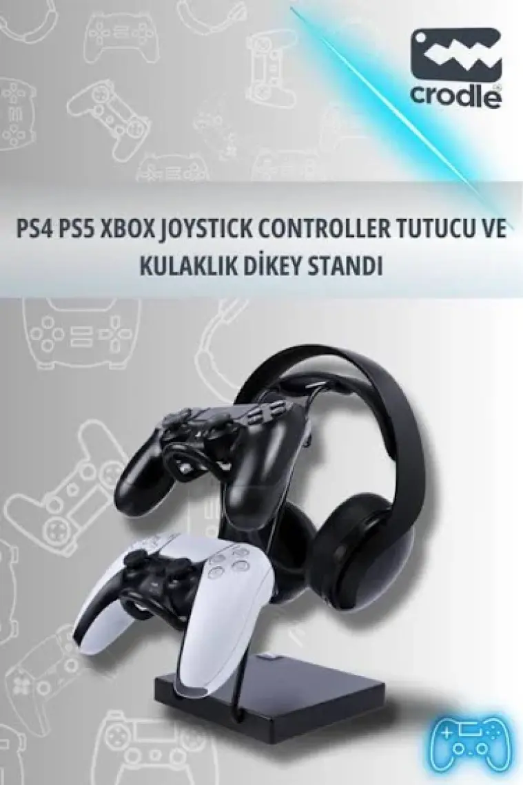 Crodle Beyaz Ahşap ve Siyah Metal Gaming Ps4 Ps5 Xbox Joystick Kontroller Tutucu ve Kulaklık Dikey Standı