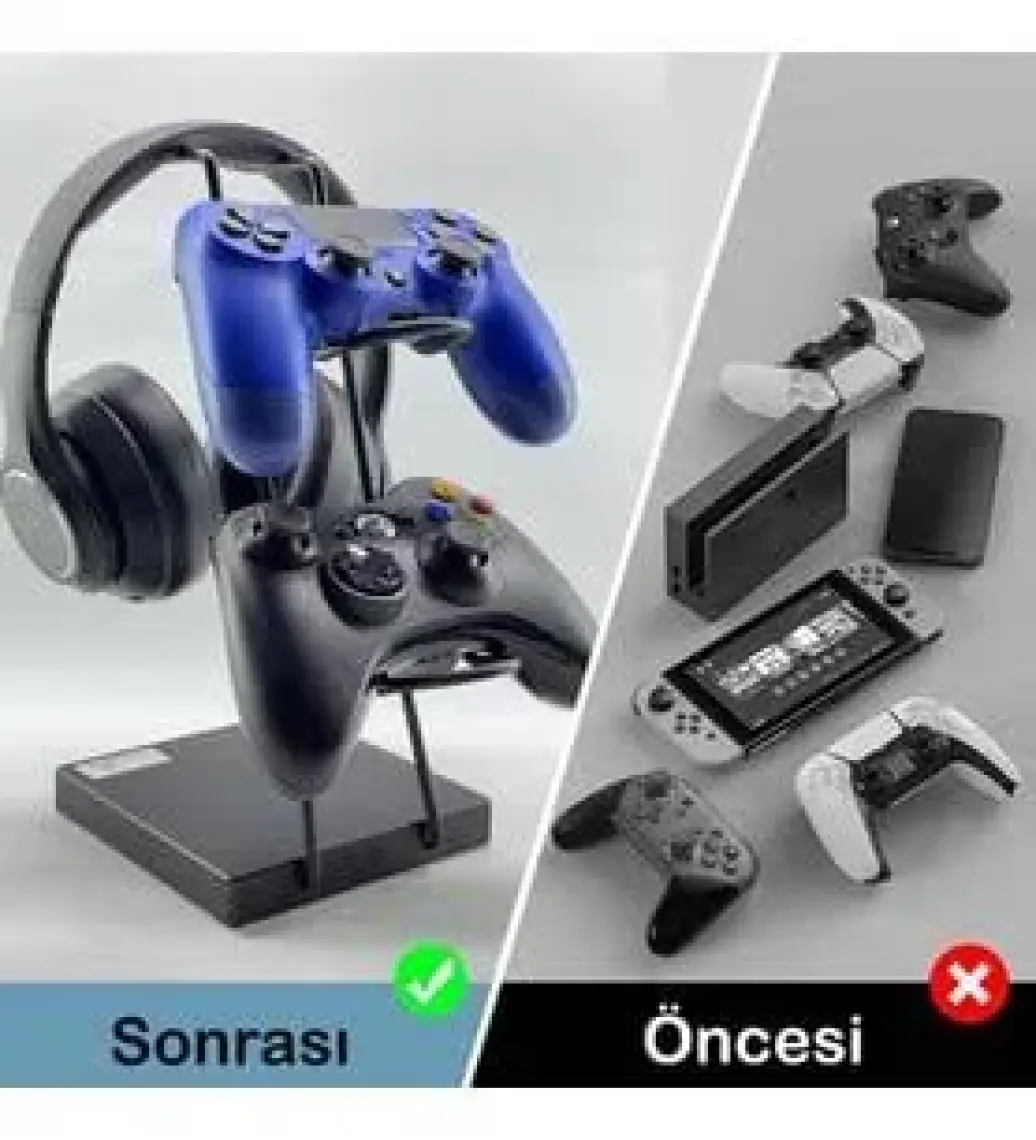 Crodle Beyaz Ahşap ve Siyah Metal Gaming Ps4 Ps5 Xbox Joystick Kontroller Tutucu ve Kulaklık Dikey Standı