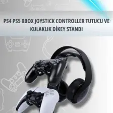 Crodle Beyaz Ahşap ve Siyah Metal Gaming Ps4 Ps5 Xbox Joystick Kontroller Tutucu ve Kulaklık Dikey Standı