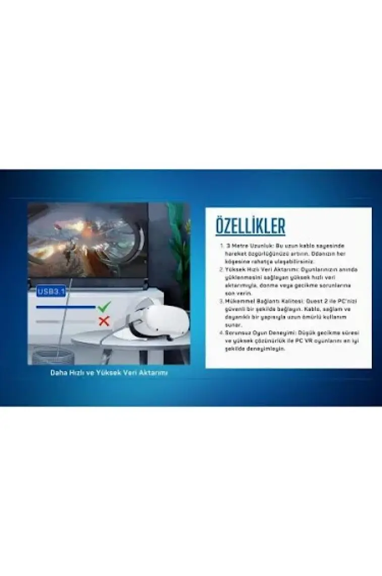 Cosmostech Meta Quest Sanal Gerçeklik Gözlüğü için Link Kablosu 1/2/3/Pro/Pico Uyumlu 3.2 Hızlı Data Kablosu 5m – G