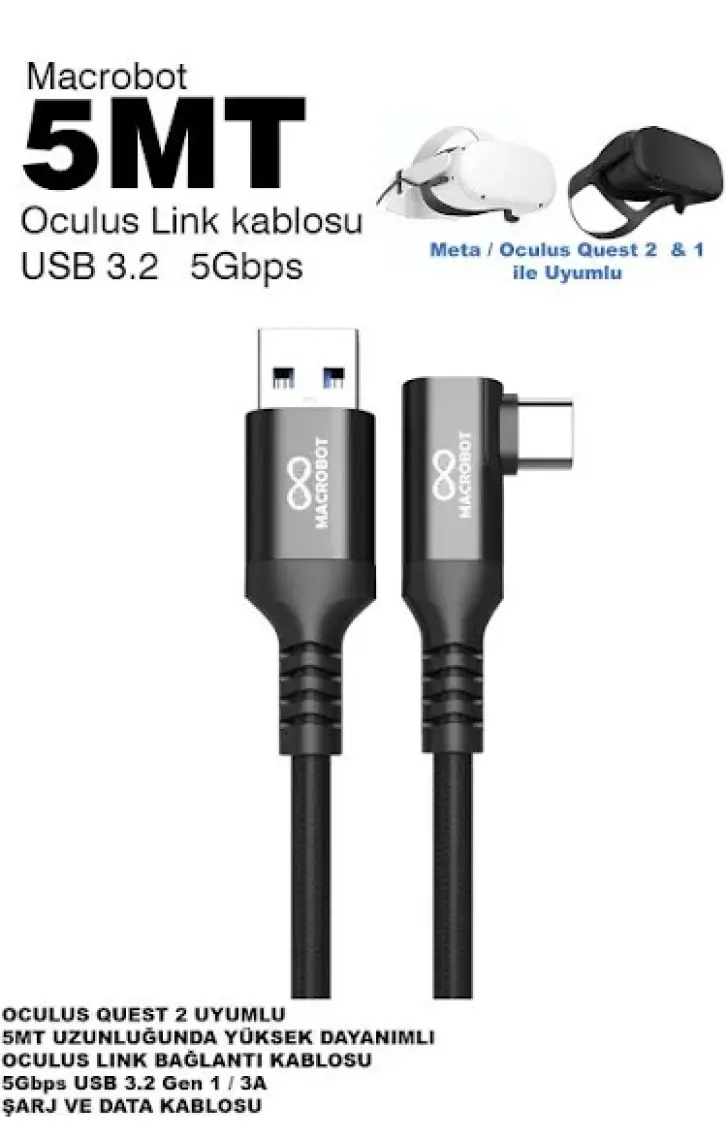 Macrobot Link Kablosu -Meta Quest 3 ve 2 ile Uyumlu  - 5mt 5gbps USB 3.2 ( Ince ) M041