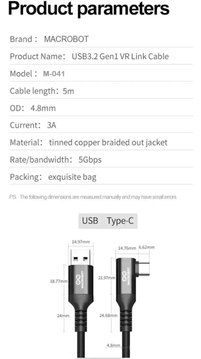 Macrobot Link Kablosu -Meta Quest 3 ve 2 ile Uyumlu  - 5mt 5gbps USB 3.2 ( Ince ) M041