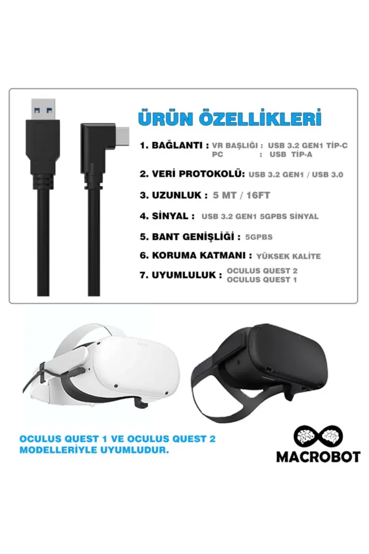 Macrobot Link Kablosu -Meta Quest 3 ve 2 ile Uyumlu  - 5mt 5gbps USB 3.2 ( Ince ) M041