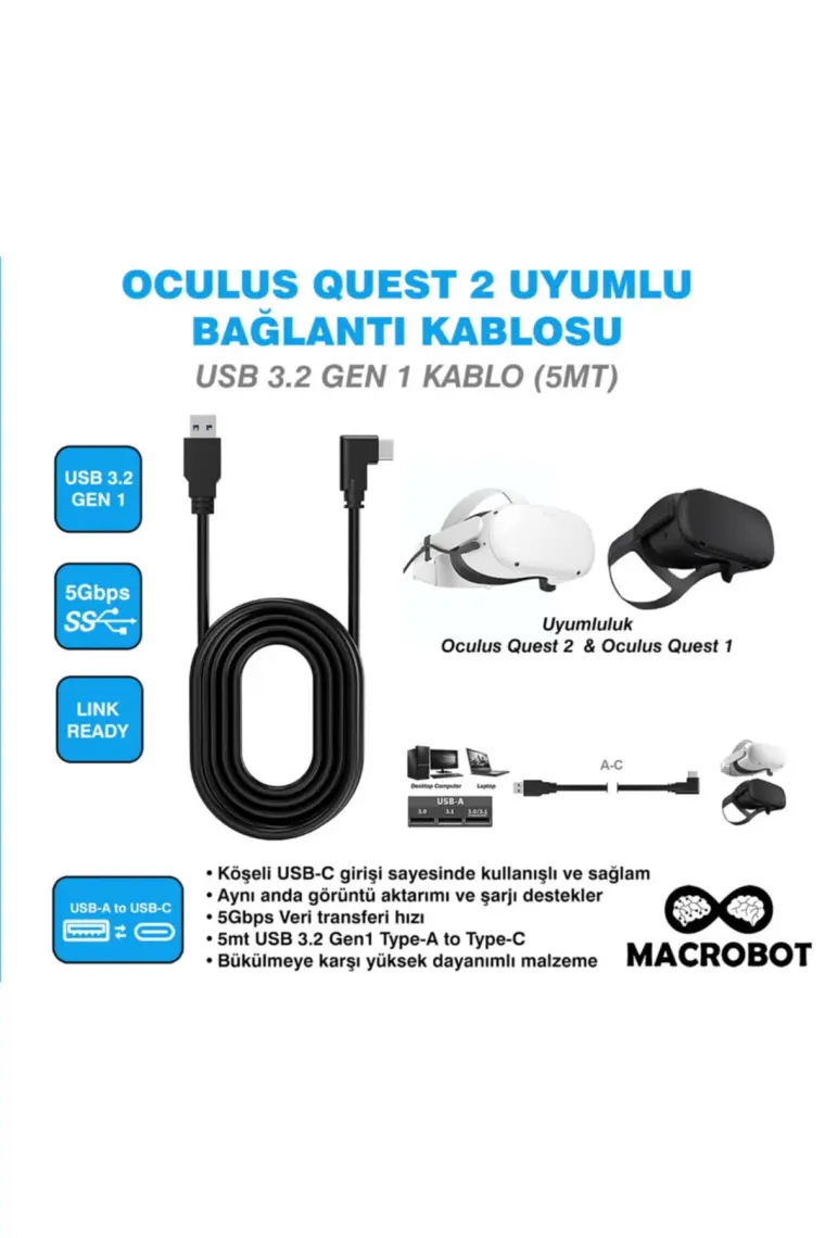 Macrobot Link Kablosu -Meta Quest 3 ve 2 ile Uyumlu  - 5mt 5gbps USB 3.2 ( Ince ) M041