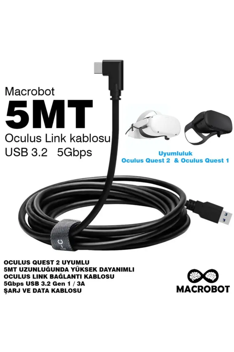 Macrobot Link Kablosu -Meta Quest 3 ve 2 ile Uyumlu  - 5mt 5gbps USB 3.2 ( Ince ) M041