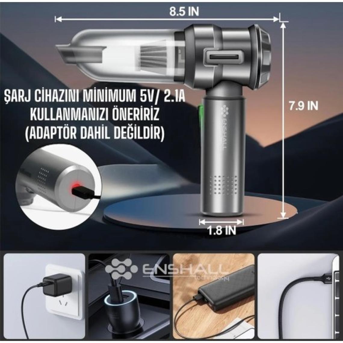 Enshall Yeni Kablosuz Şarjlı 3 Kademeli 2ın1 Profesyonel Ultra Çekim Güçlü Mini Araç Süpürgesi