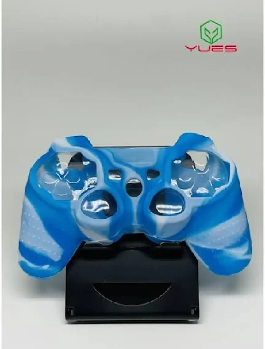 YUES PS3 Joystick Silikon Kılıf (Desenli Mavi-Beyaz) – DualShock 3/Sixaxis Koruyucu Kapak, Kaymaz Kavrama, Tam Kesim