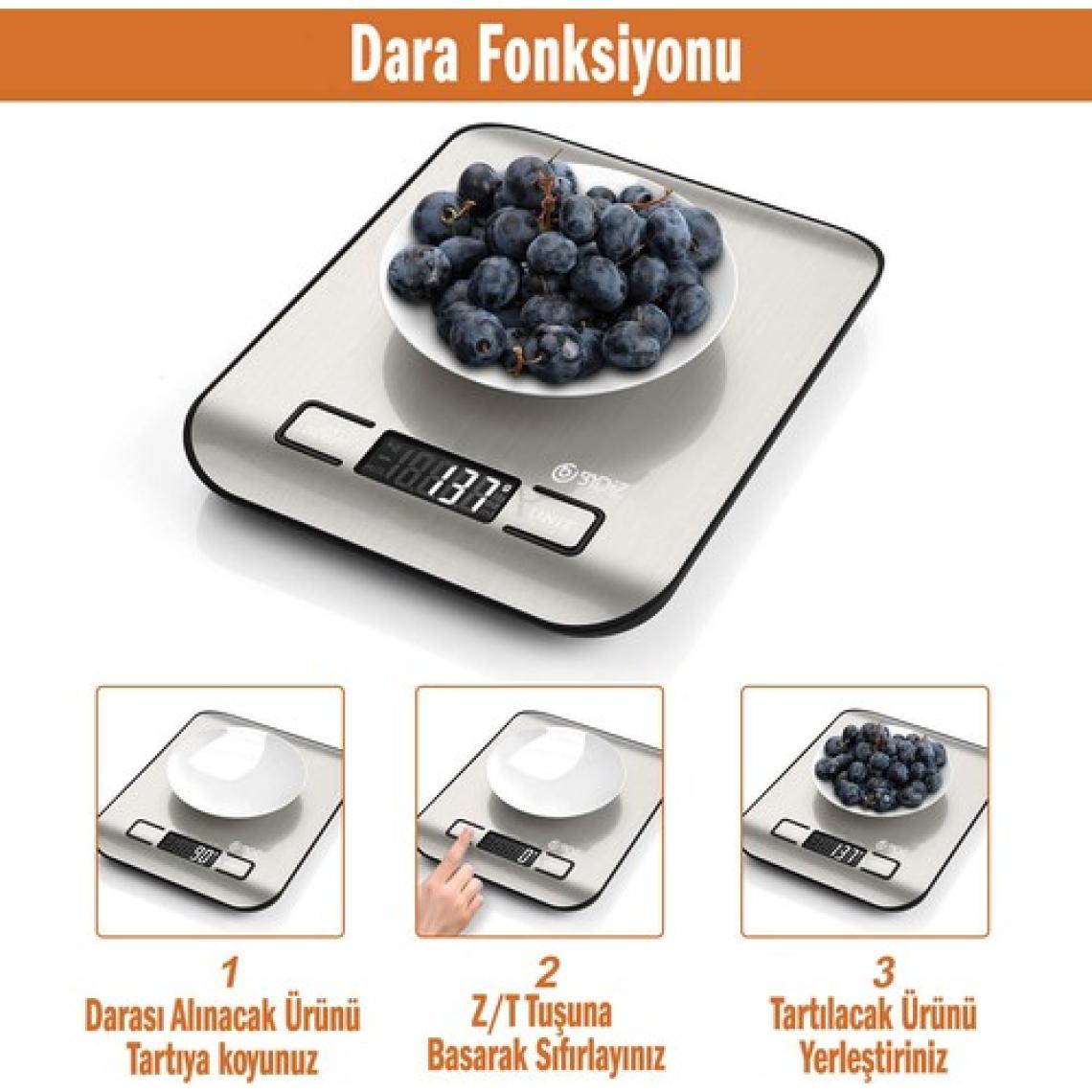 Bydiz BY-005 Dijital Mutfak Terazisi - Paslanmaz Yüzeyli Hassas Mutfak Tartısı 10 kg 1 gr Hassasiyet