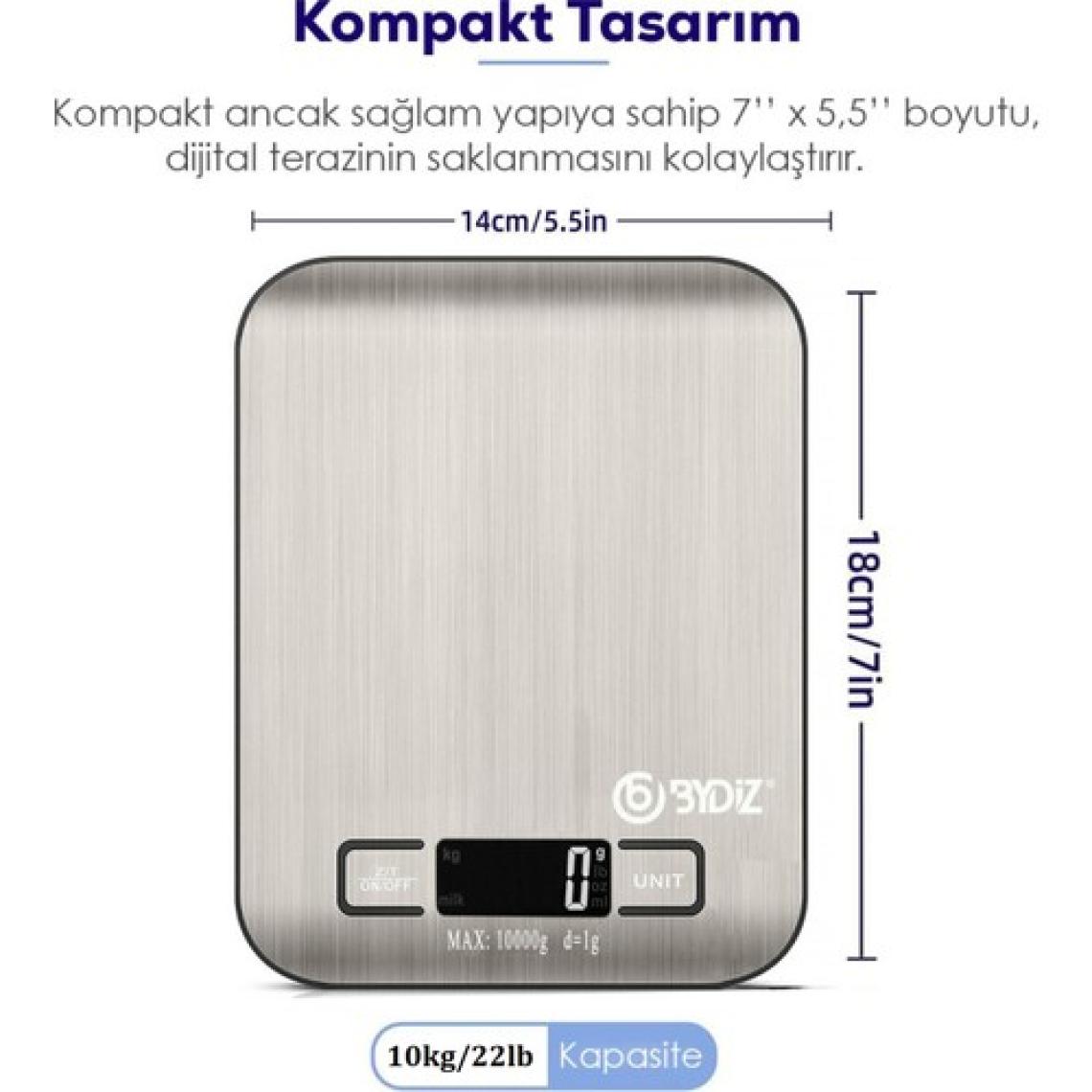 Bydiz BY-005 Dijital Mutfak Terazisi - Paslanmaz Yüzeyli Hassas Mutfak Tartısı 10 kg 1 gr Hassasiyet