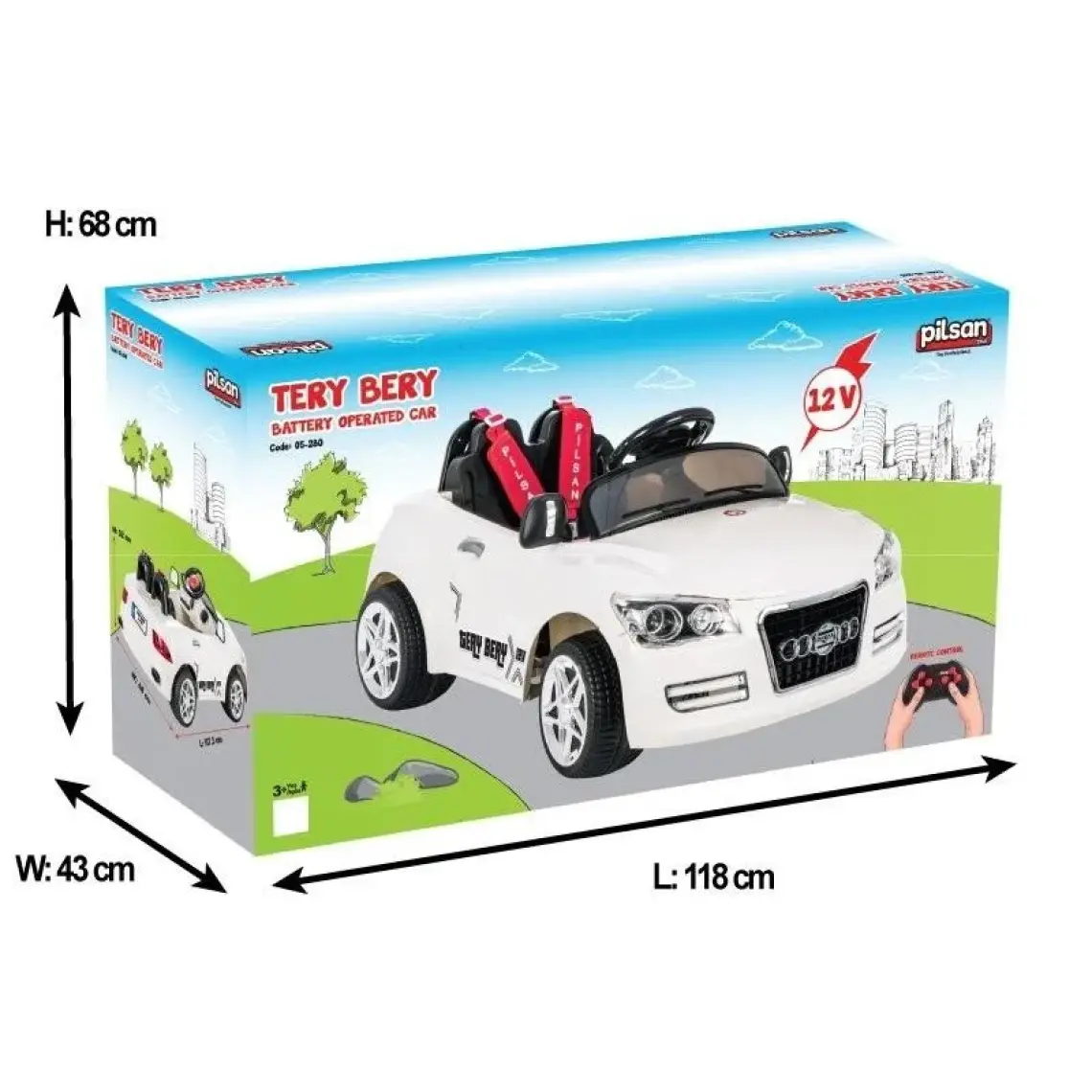 Pilsan Tery Bery 12V Akülü Yarış Arabası - 35 kg Taşıma Kapasitesi, Uzaktan Kumanda, Emniyet Kemerli, LED Işıklı ve MP3 Çalar