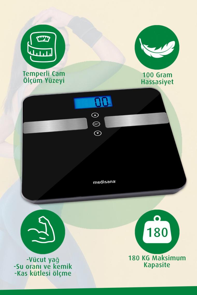 Alman Tasarım Geniş Işıklı Lcd Ekranlı Yağ Ölçer Fonksiyonlu Vücut Analizli Tartı Baskül