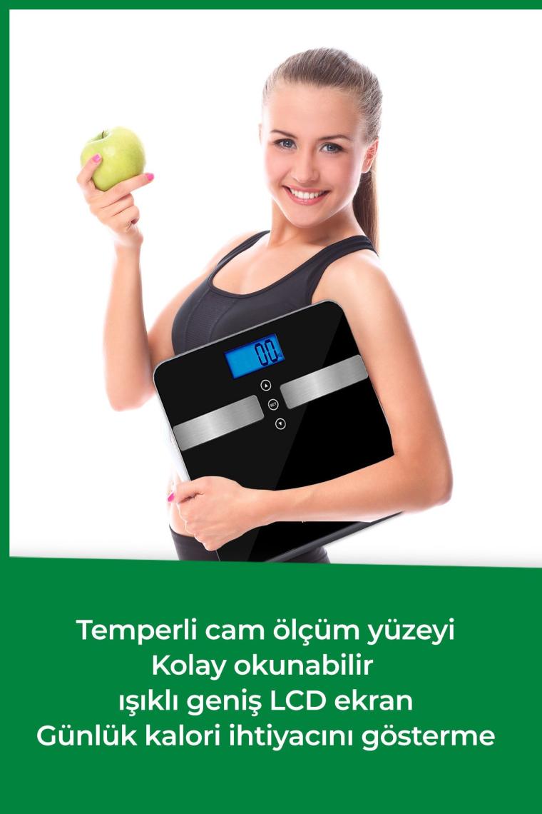 Alman Tasarım Geniş Işıklı Lcd Ekranlı Yağ Ölçer Fonksiyonlu Vücut Analizli Tartı Baskül