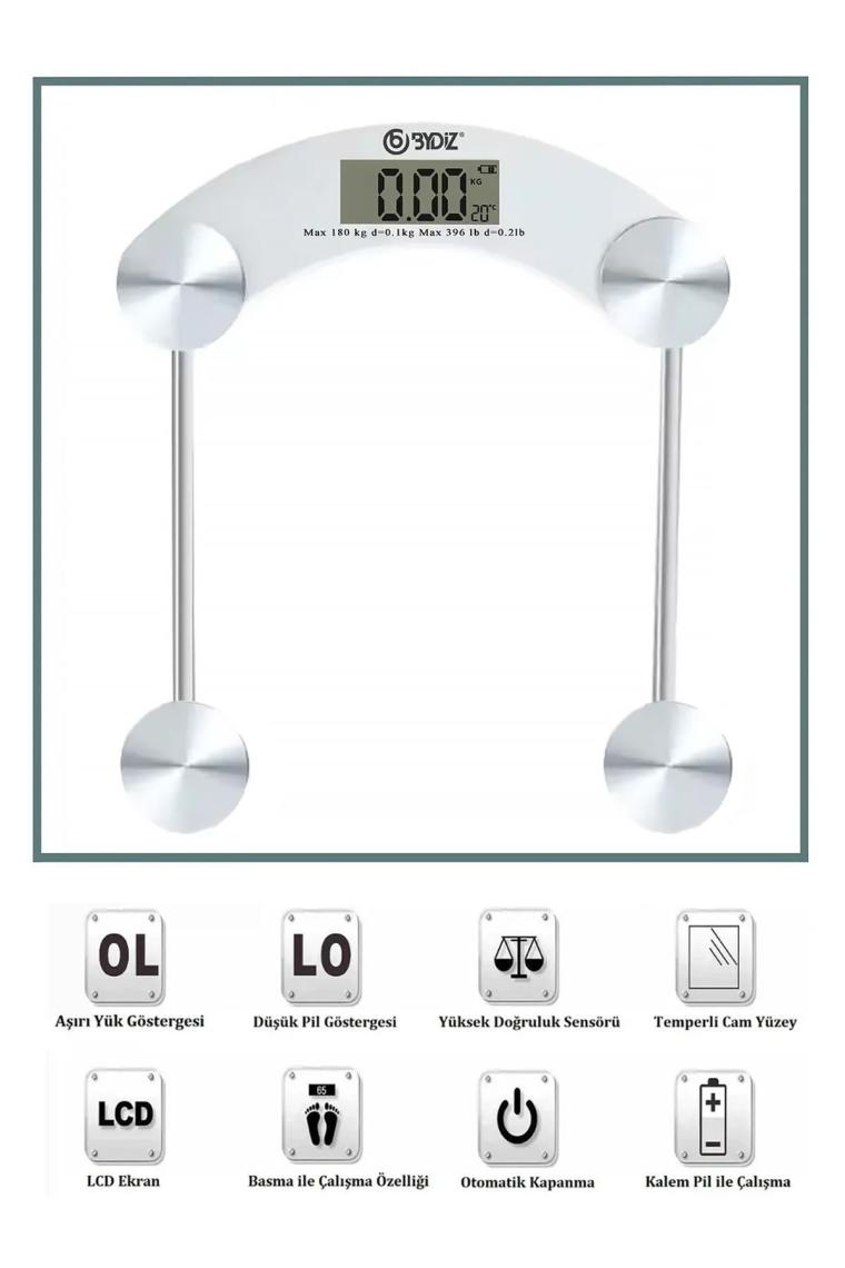 Bydiz BY-002 Dijital Baskül Banyo Tartı 180 Kg Kapasiteli Temperli Cam (Kare)