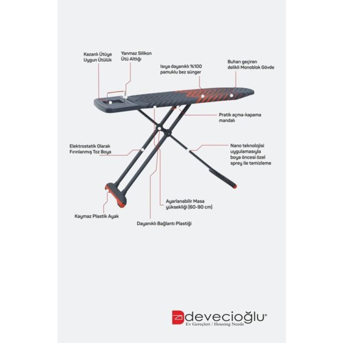 Devecioğlu Harbinger MM164 Trendboard Ütü Masası – Monoblok Gövde, %100 Pamuk Kılıf, Prizsiz, 42x123 cm, Dayanıklı ve Ergonomik Tasarım