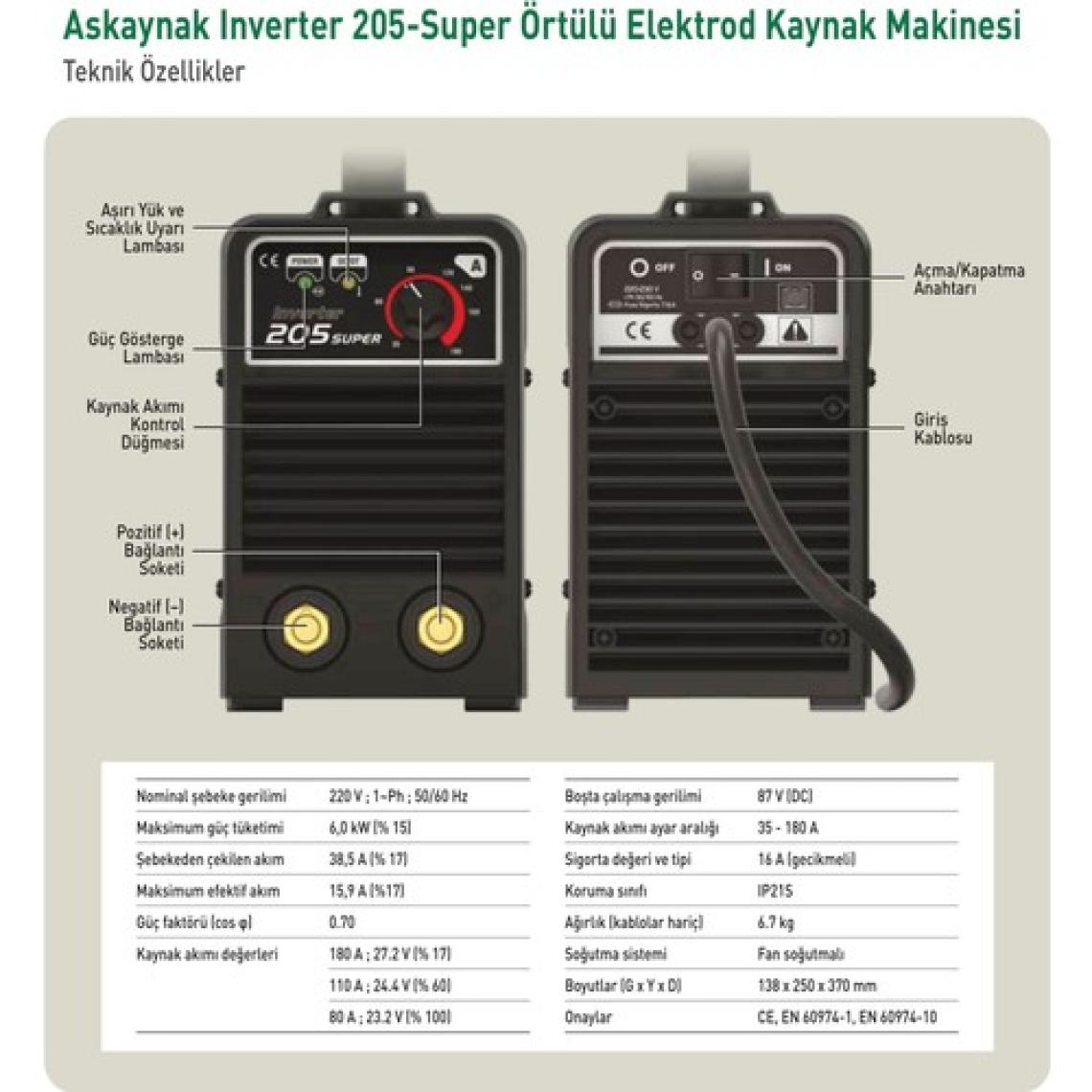 Askaynak 205 Inverter Kaynak Makinası 180  + Maxstar Kaynak Maskesi + Starline Kaynak Eldiveni