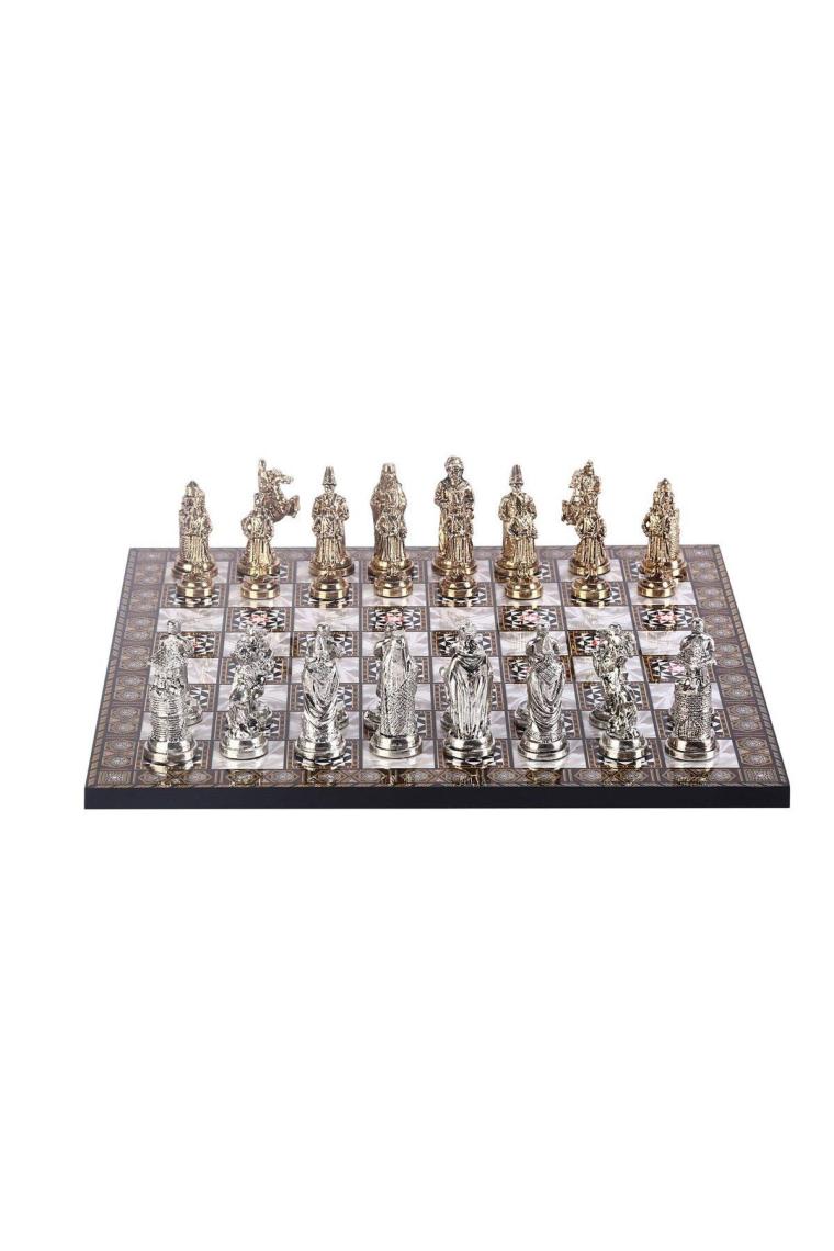 Büyük Boy Metal Osmanlı Bizans Satranç Takımı Parlak Ve Sedef Desenli Mdf Ahşap Satranç Tahtası (37x