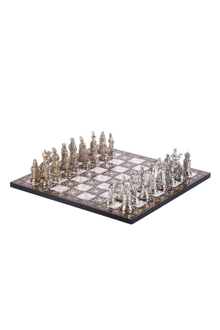 Büyük Boy Metal Osmanlı Bizans Satranç Takımı Parlak Ve Sedef Desenli Mdf Ahşap Satranç Tahtası (37x