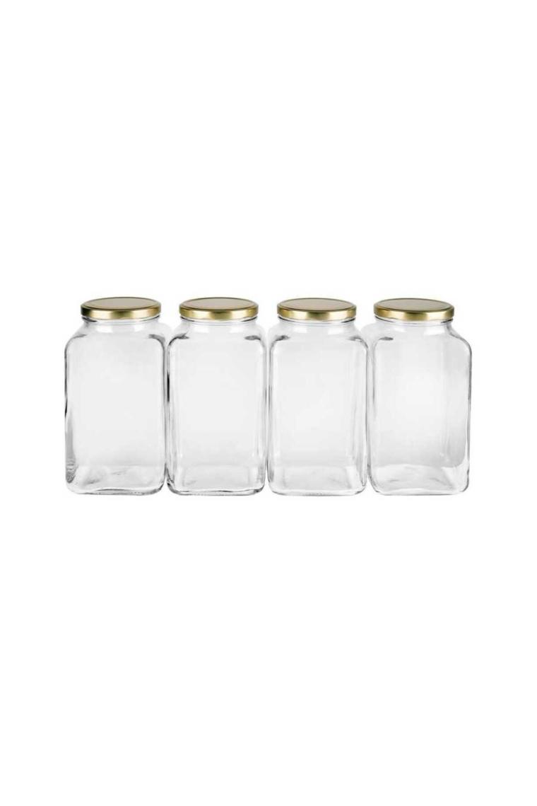 4'lü 3000 ml Köşeli Kapaklı Cam Kavanoz - Gold Kapak